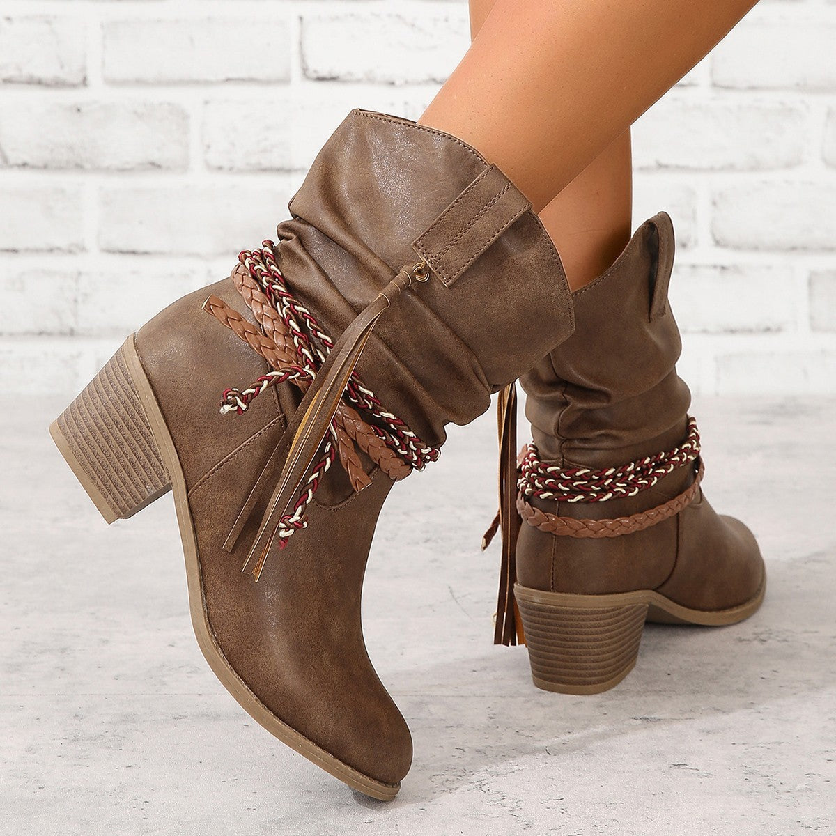 Women's Western Ankle Boots, Tassel and Braided Buckle