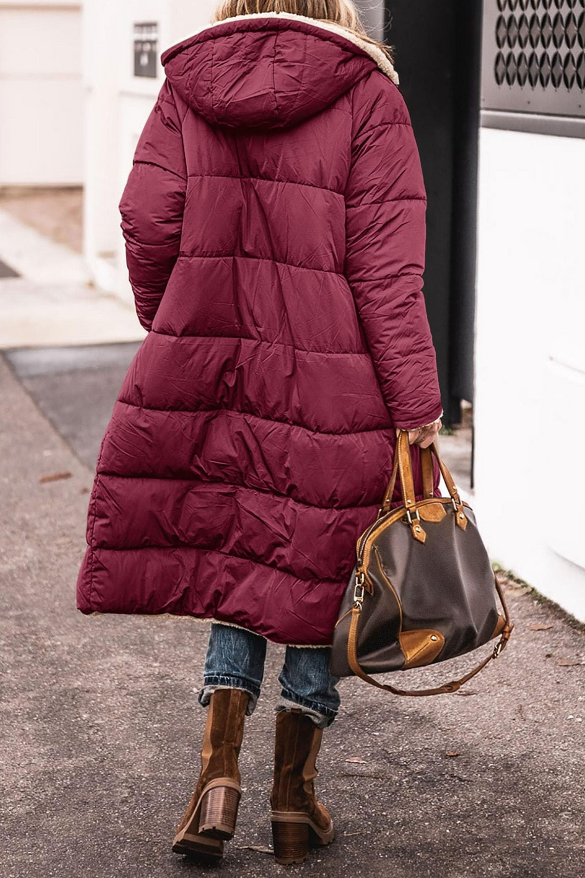Women's Long Puffer Jacket, Reversible Sherpa Midi Longline Coat