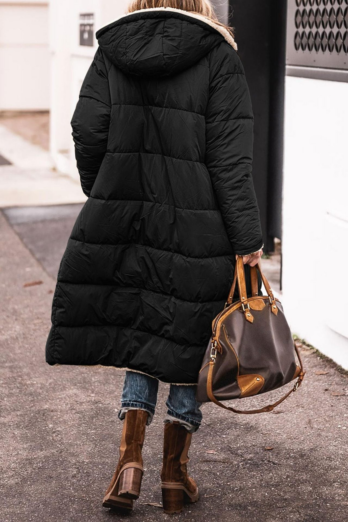 Women's Long Puffer Jacket, Reversible Sherpa Midi Longline Coat