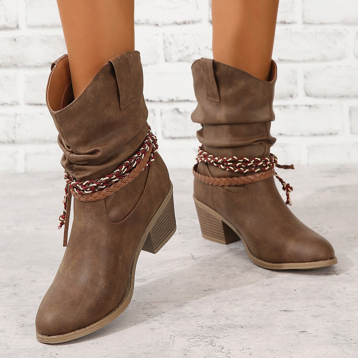Women's Western Ankle Boots, Tassel and Braided Buckle