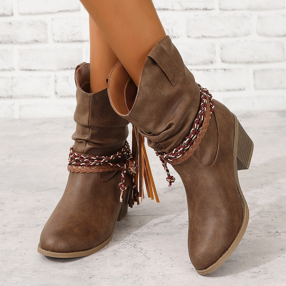 Women's Western Ankle Boots, Tassel and Braided Buckle