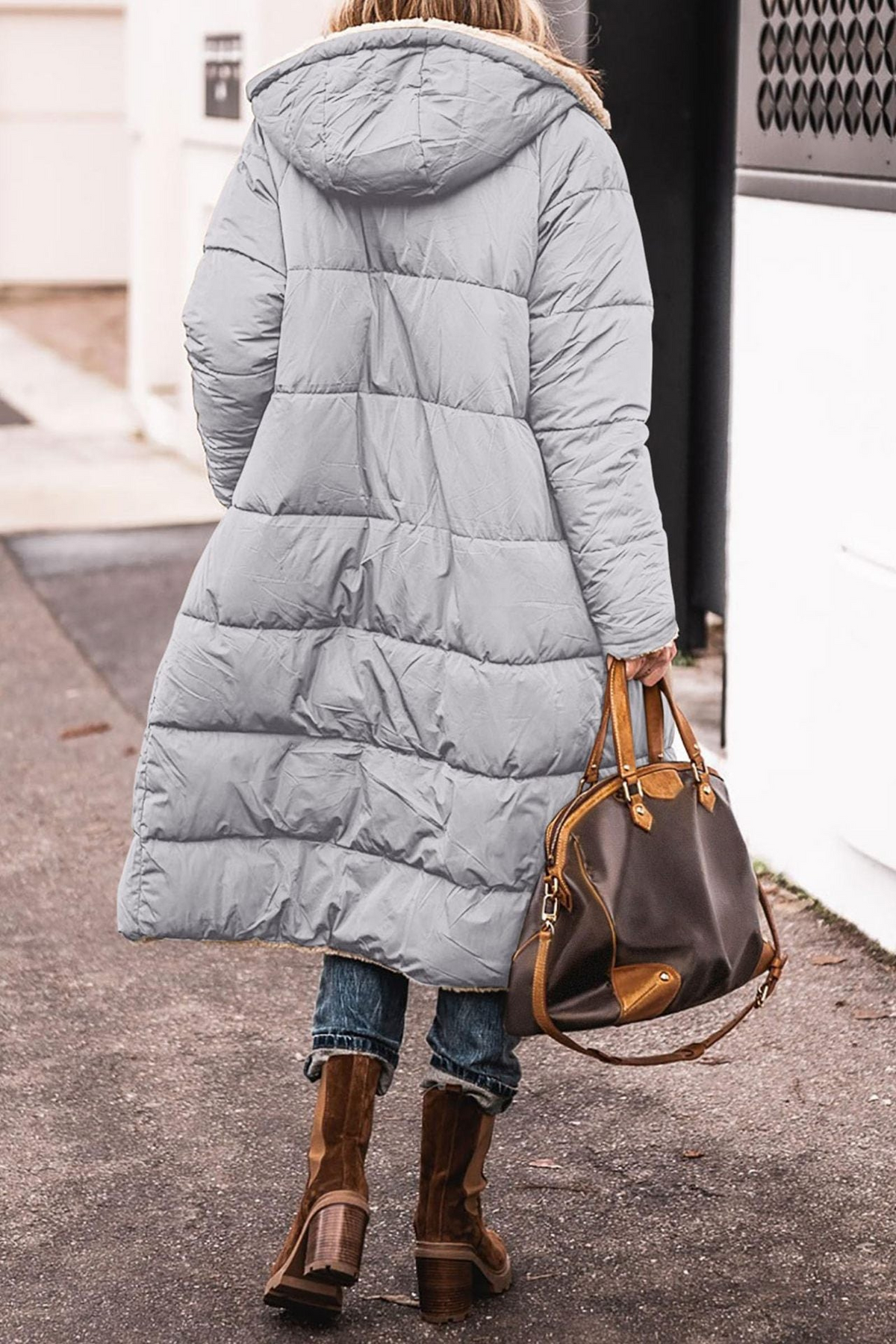Women's Long Puffer Jacket, Reversible Sherpa Midi Longline Coat