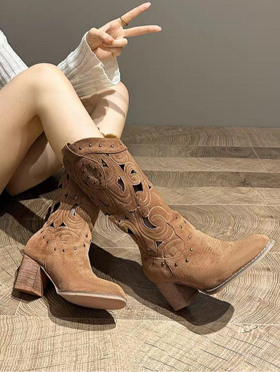 Women's Suede Western Boots, Embroidered Openwork Block Heel