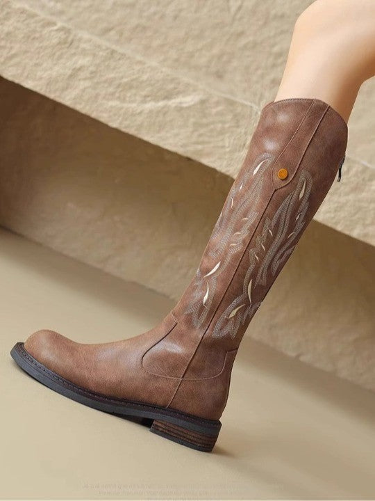 Women's Embroidered Tall Boots, Back Zipper Low Heel