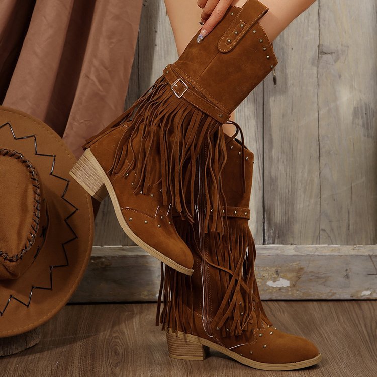 Women's Tassel Riding Boots, Rivet and Buckle Detail