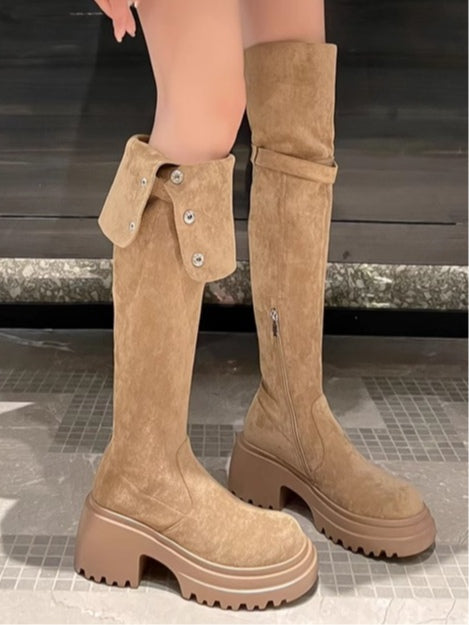Women's Tall Suede Boots, Round Toe Block Heel