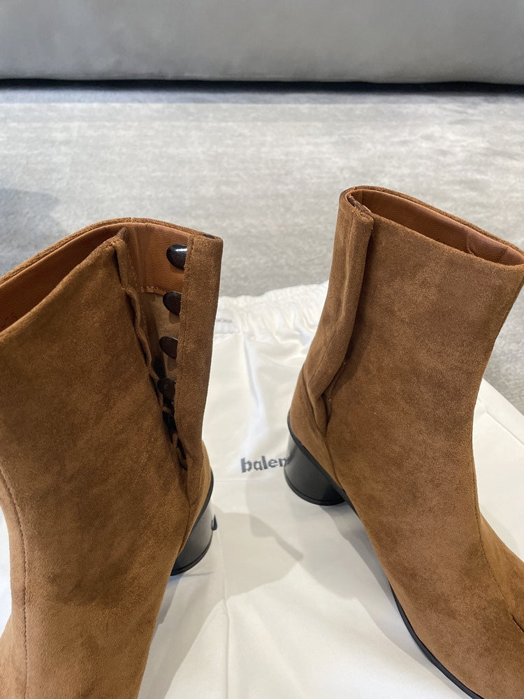 Women's Leather Combat Boots, Cuffed Mid-Calf Chunky Heel