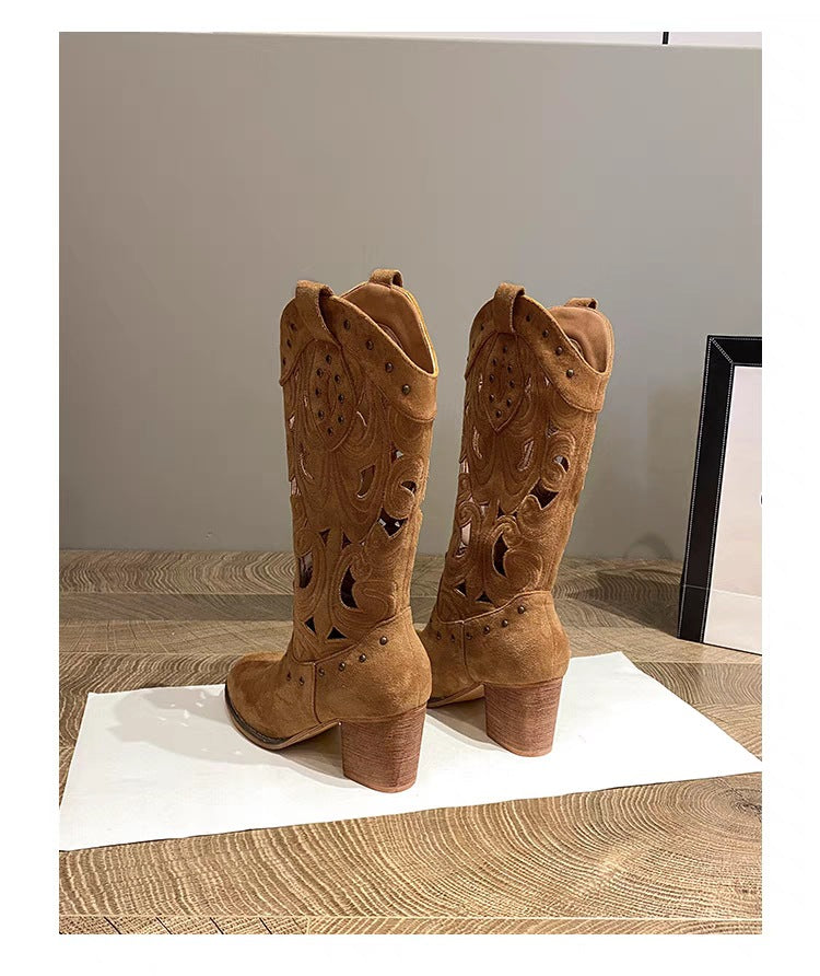 Women's Suede Western Boots, Embroidered Openwork Block Heel