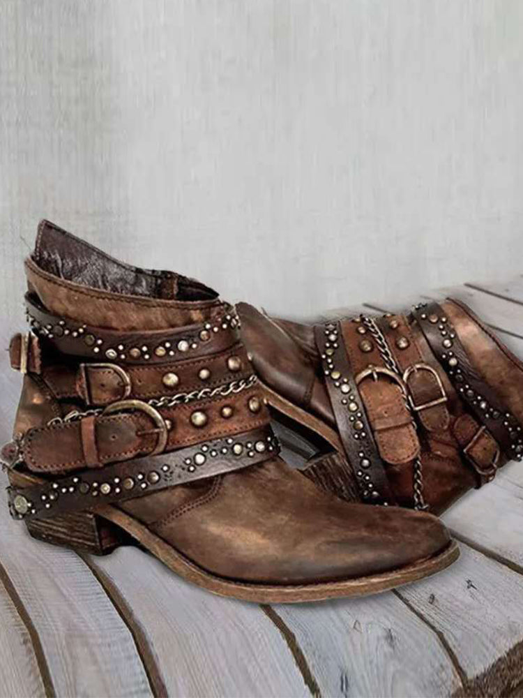Women's Washed Ankle Boots, Studded Buckle Low Heel