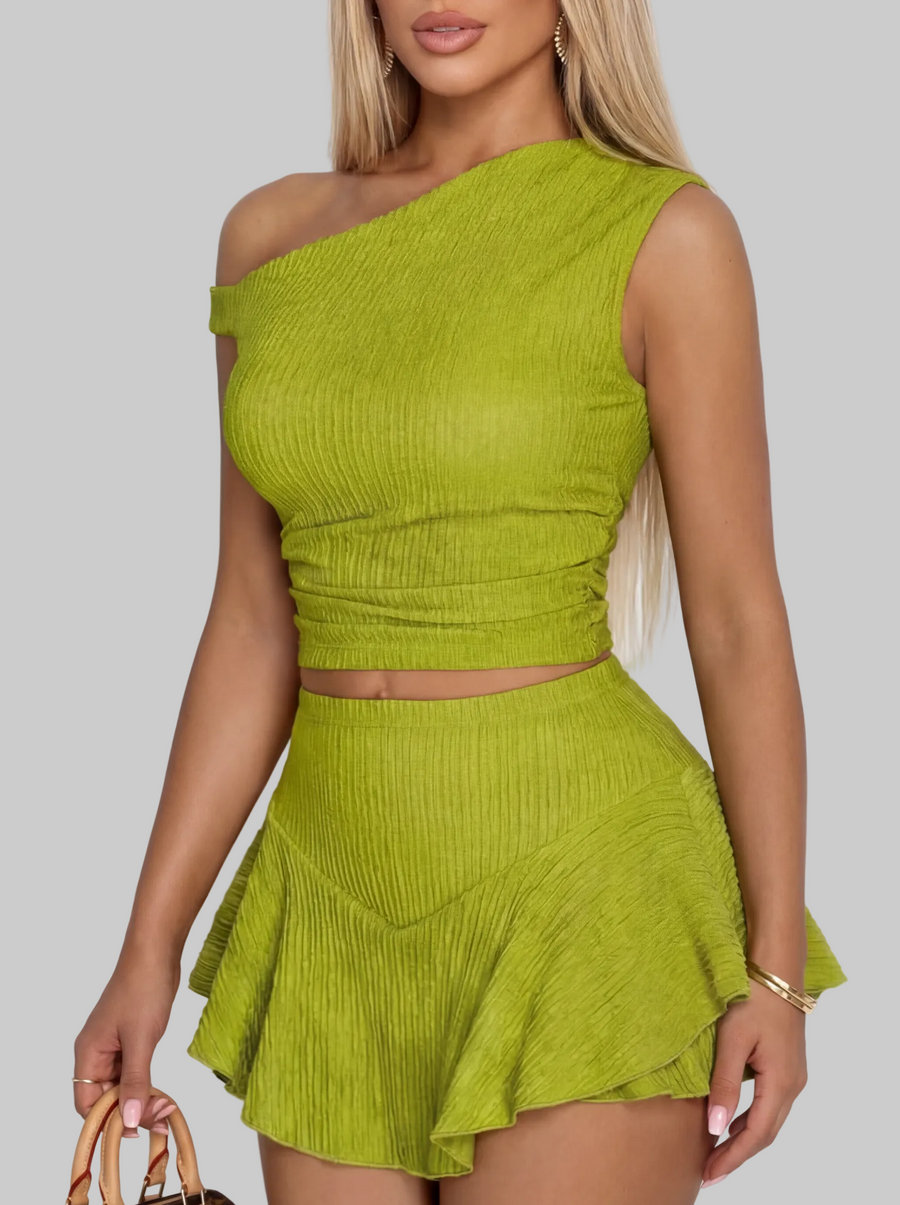 Women's Two Piece Skirt and Top Set, Ribbed One Shoulder Ruffle