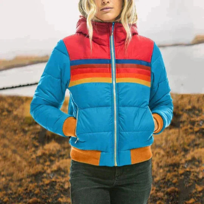 Women's Puffer Jacket, Ribbed Cuff Retro Stripe Hooded