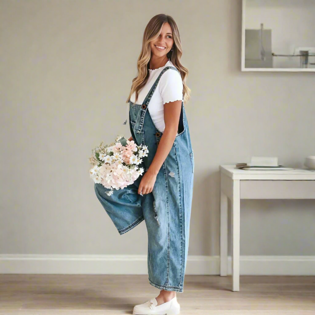 Women's Jumpsuit, Distressed Bib Front Wide Leg Overalls