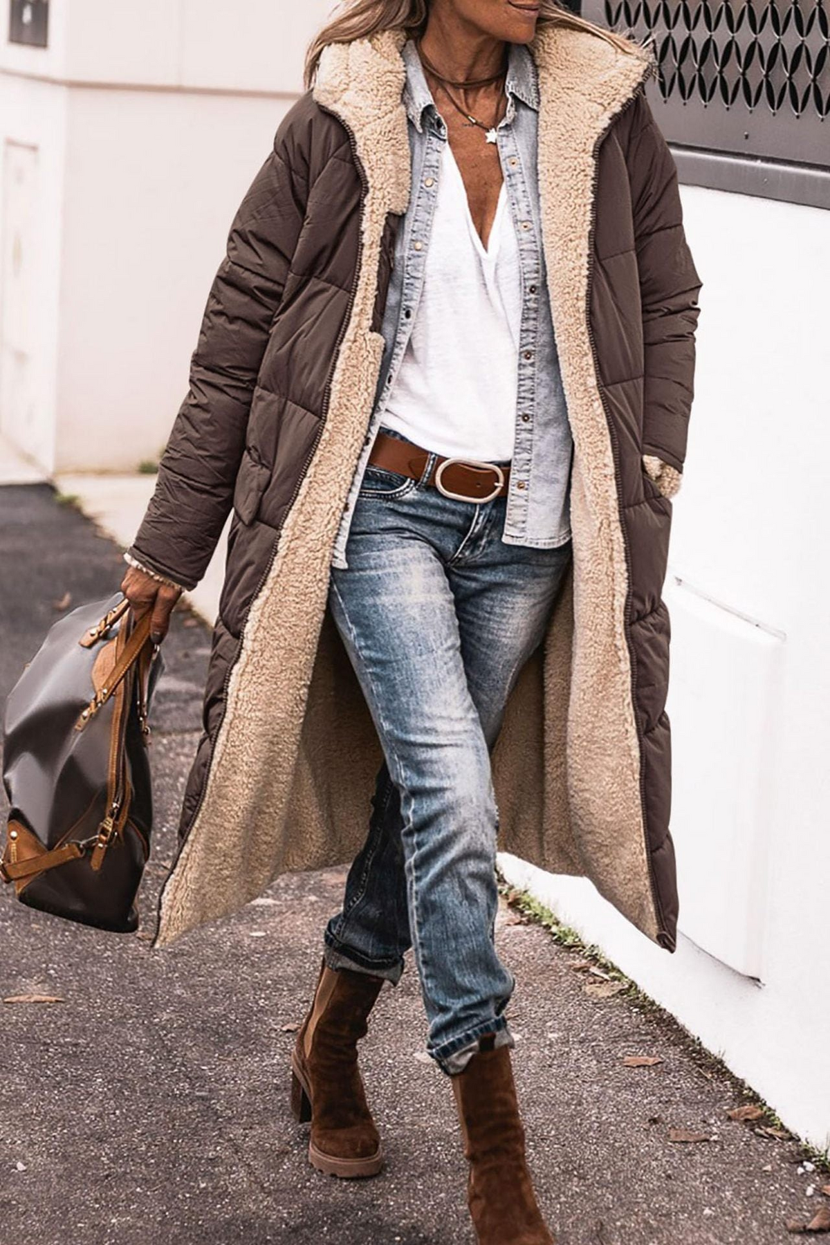 Women's Long Puffer Jacket, Reversible Sherpa Midi Longline Coat