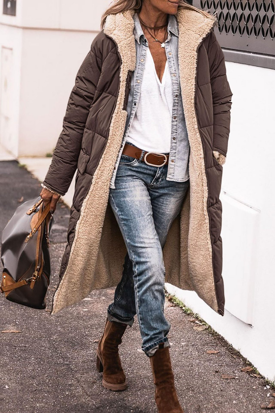 Women's Long Puffer Jacket, Reversible Sherpa Midi Longline Coat