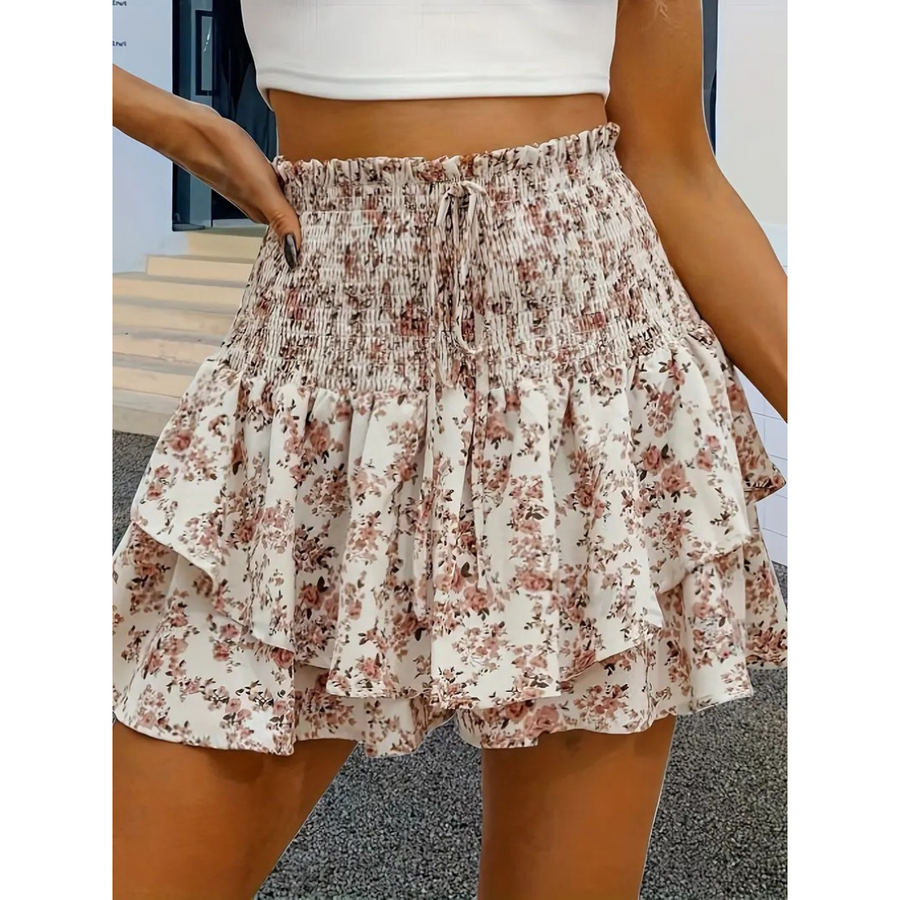 Women's Floral Mini Skirt, Smocked Waist Layered Ruffle Hem