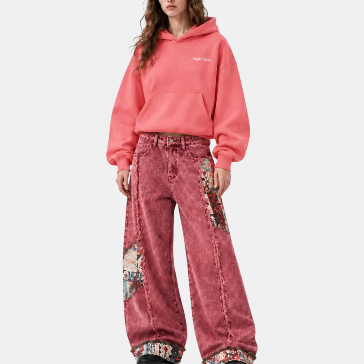 Women's Patchwork Distressed Baggy Wide Leg Jeans with Pockets