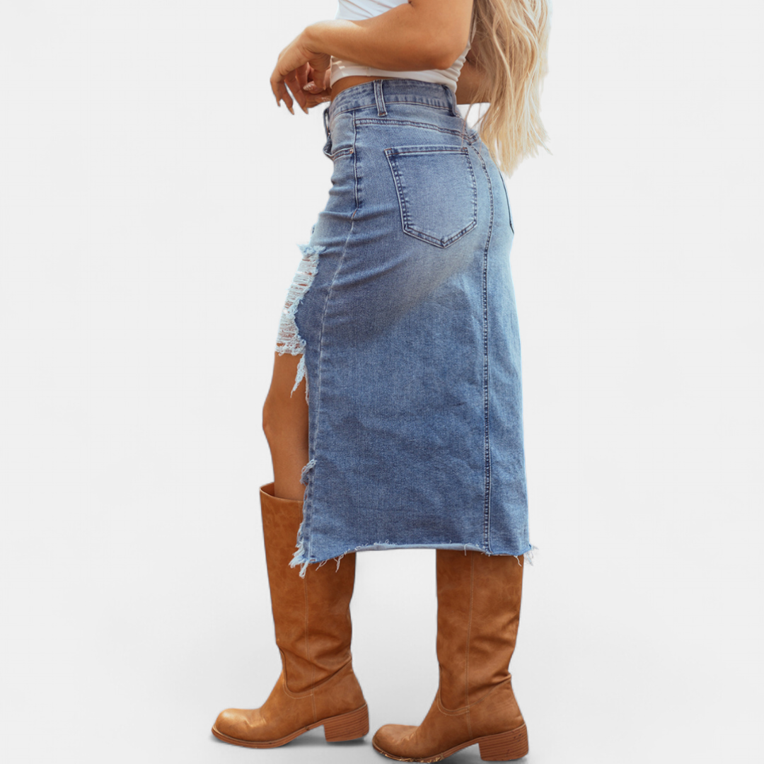 Women's Midi Skirt, Distressed Ripped Raw Frayed Hem
