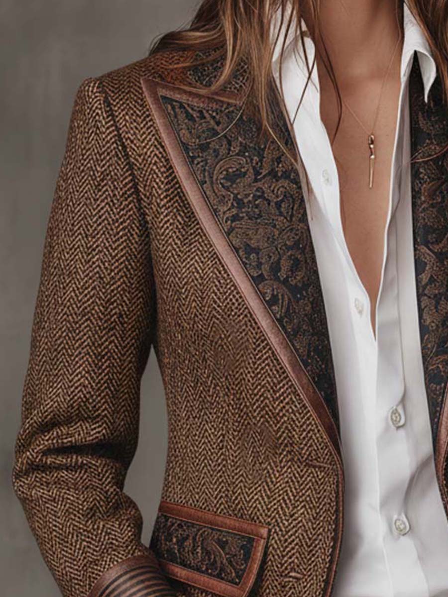 Savile | Herringbone Leather-Trim Tweed Blazer