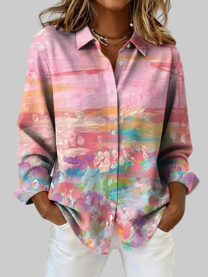 Women's Casual Retro Pink Oil Painting Shirt
