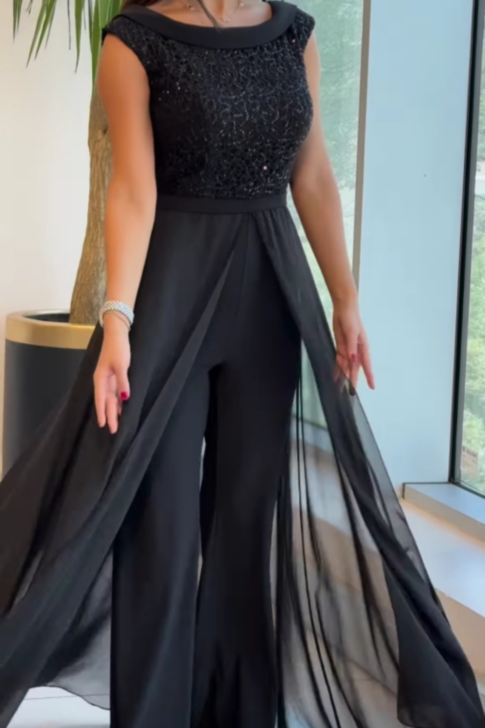 Women's Tulle Panel Jumpsuit, Crew Neck Back Zip