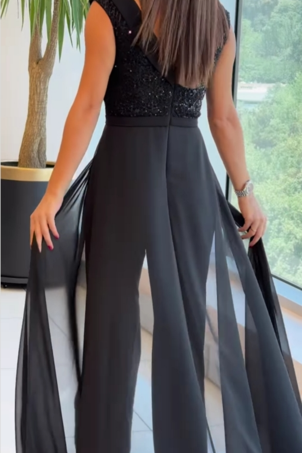 Women's Tulle Panel Jumpsuit, Crew Neck Back Zip
