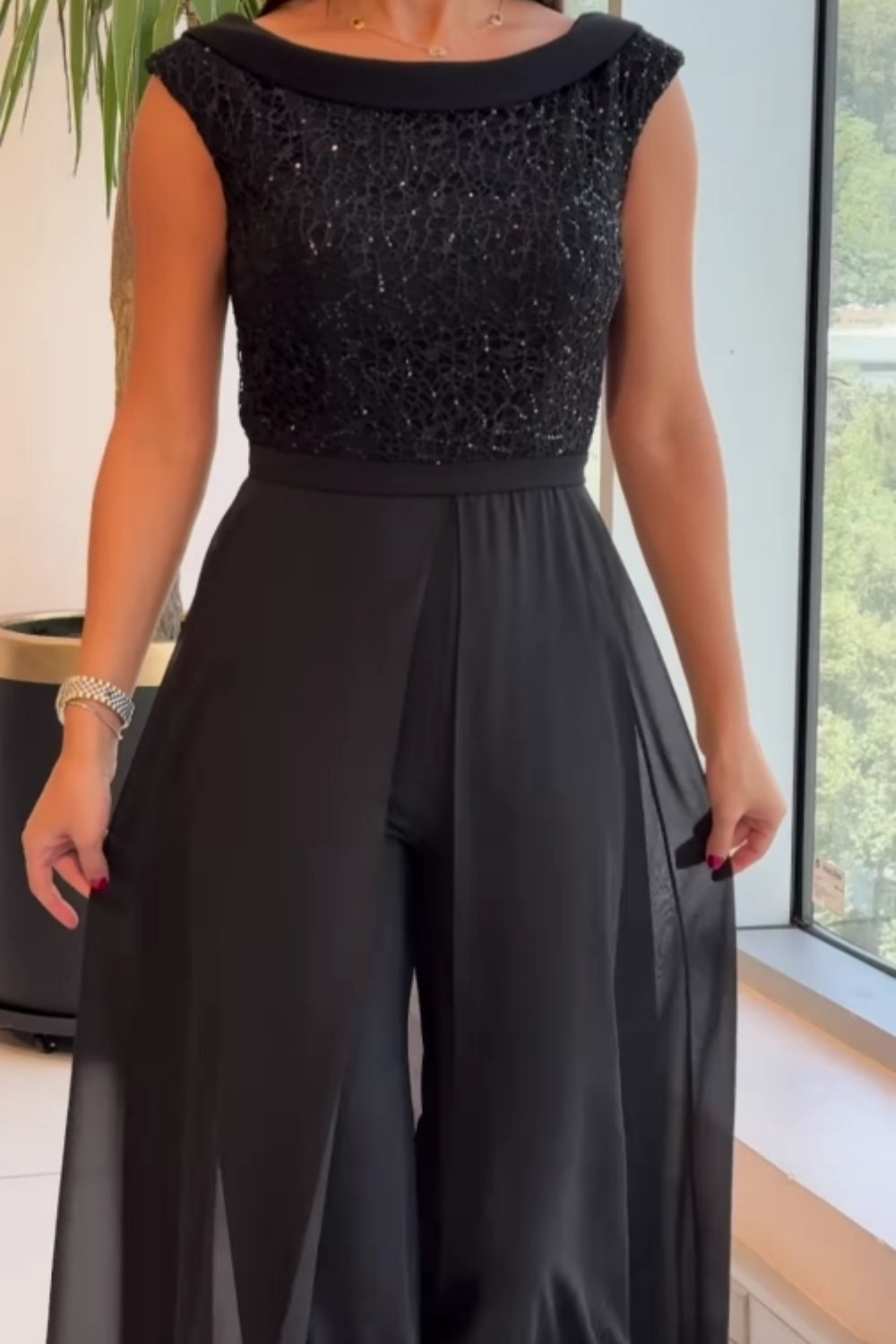 Women's Tulle Panel Jumpsuit, Crew Neck Back Zip