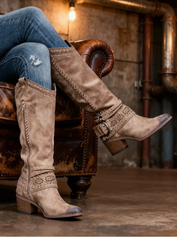 Women's Tall Buckle Boots, Flat Anti-Slip Sole
