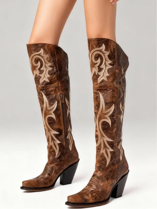 Women's Tall Suede Boots, Paneled Block Heel