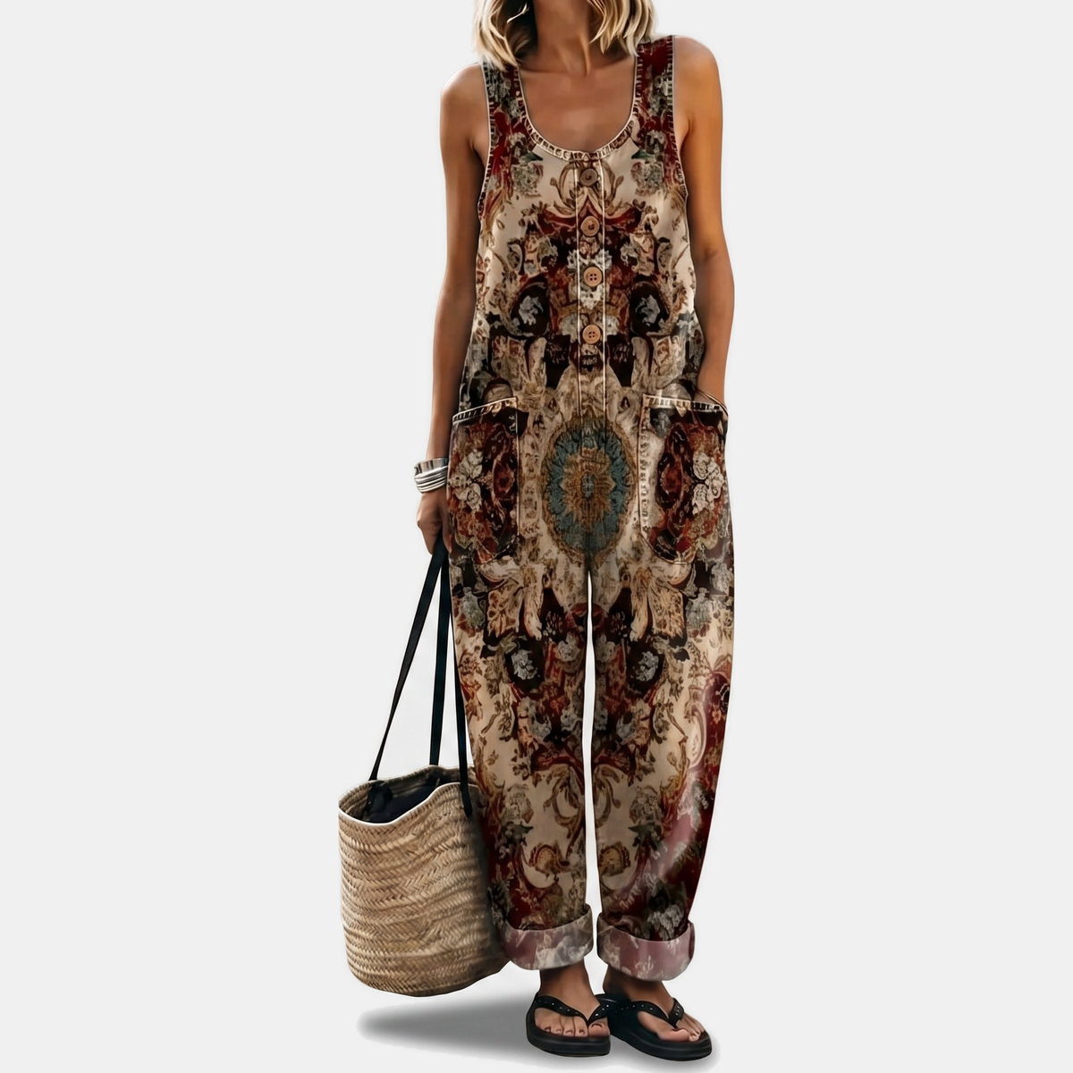 Women's Strapless Jumpsuit, Wide Leg Button Front