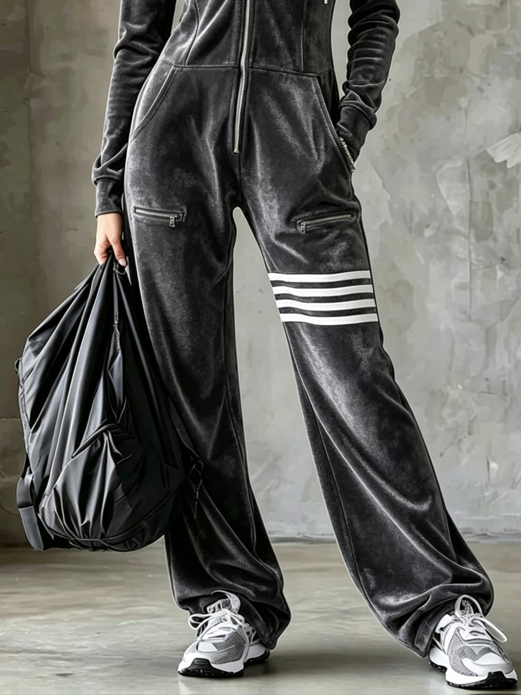 Women's Velvet Hooded Jumpsuit, Zip Front Wide Leg