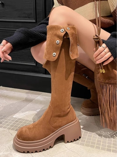Women's Tall Suede Boots, Round Toe Block Heel