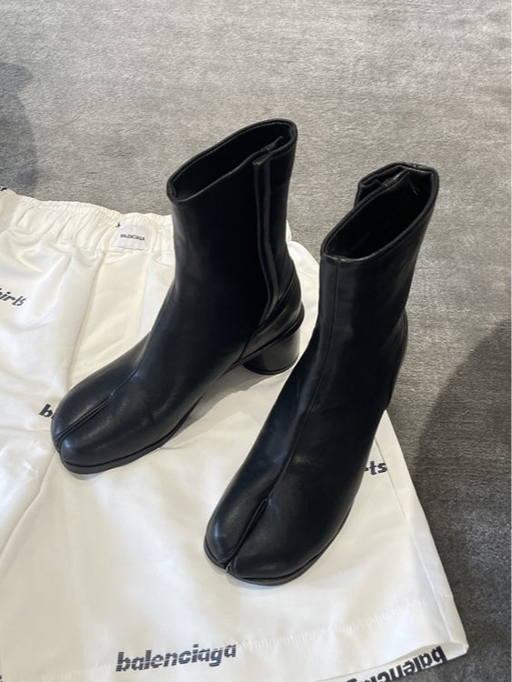 Women's Leather Combat Boots, Cuffed Mid-Calf Chunky Heel