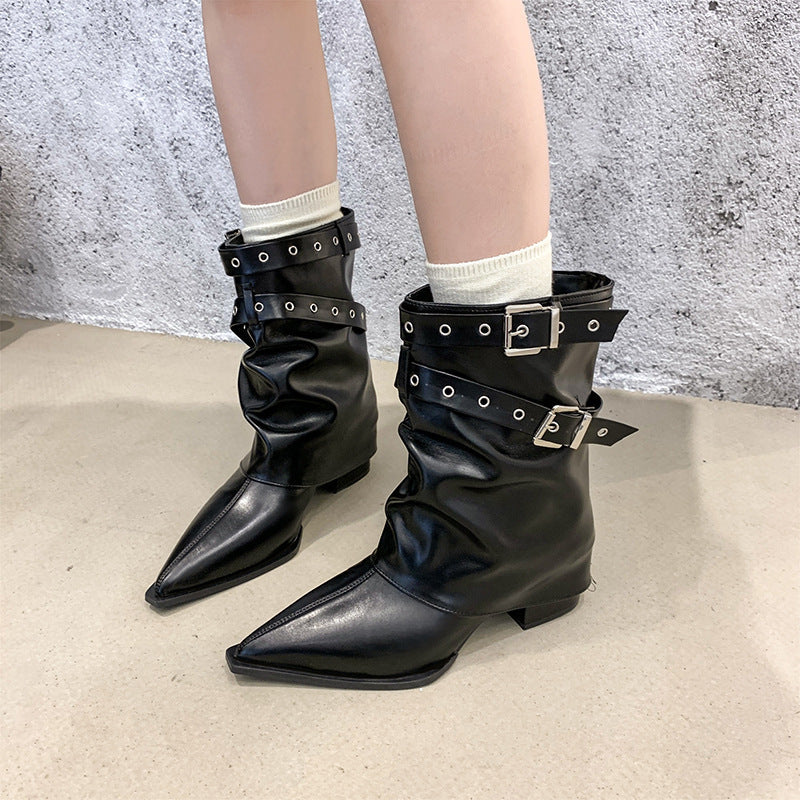 Women's Pointed Toe Combat Boots, Buckle Block Heel