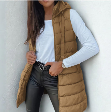 Women's Leather Jacket Style Puffer Vest, Longline Hooded Quilted