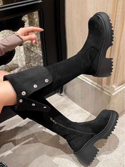 Women's Tall Suede Boots, Round Toe Block Heel