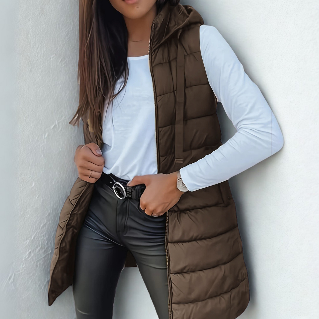 Women's Leather Jacket Style Puffer Vest, Longline Hooded Quilted