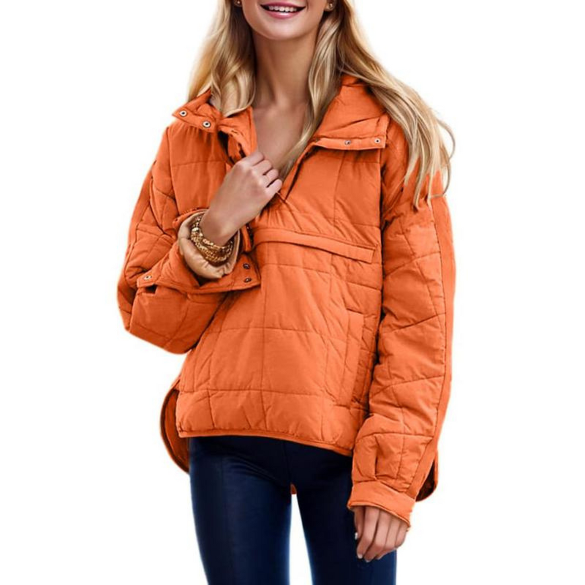 Women's Puffer Jacket, Quilted Pullover Anorak with Snap Collar