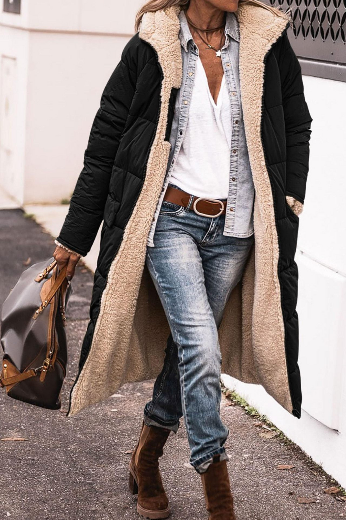 Women's Long Puffer Jacket, Reversible Sherpa Midi Longline Coat