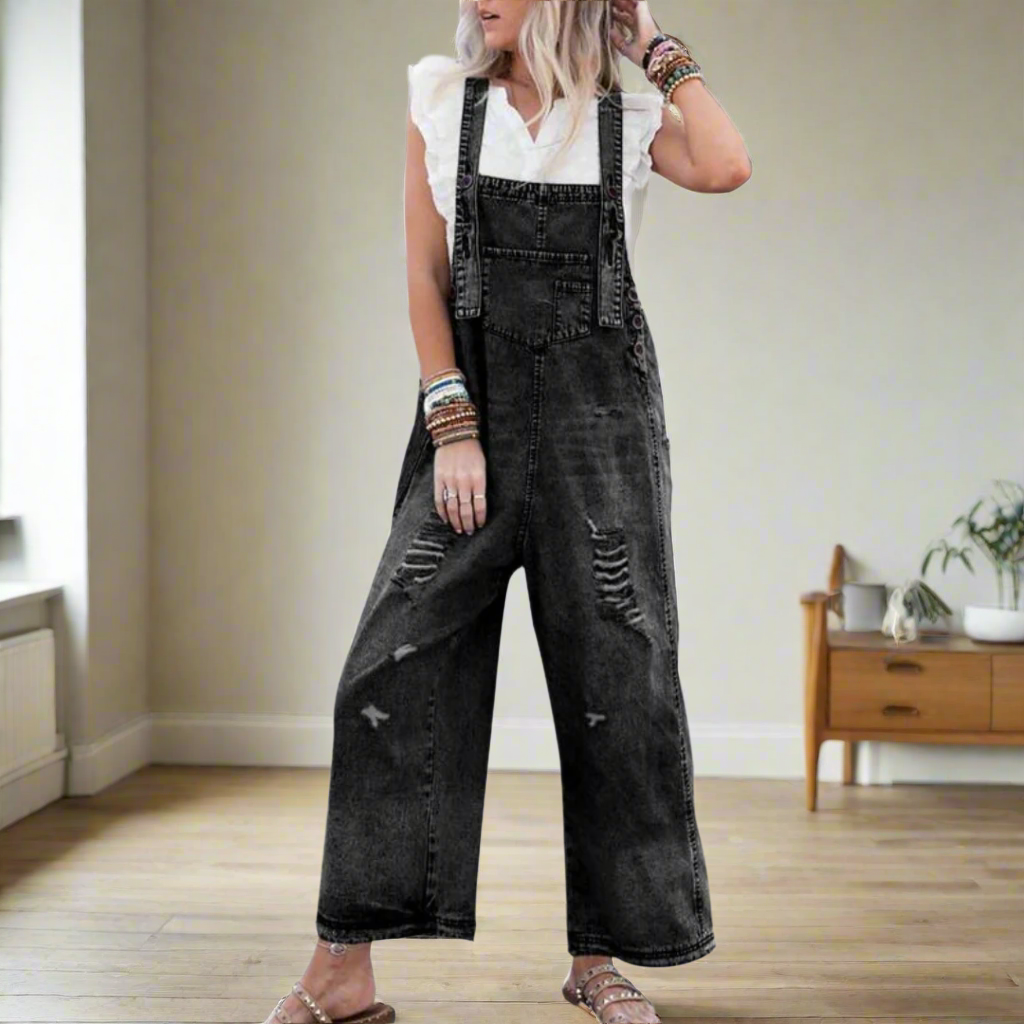 Women's Jumpsuit, Distressed Bib Front Wide Leg Overalls