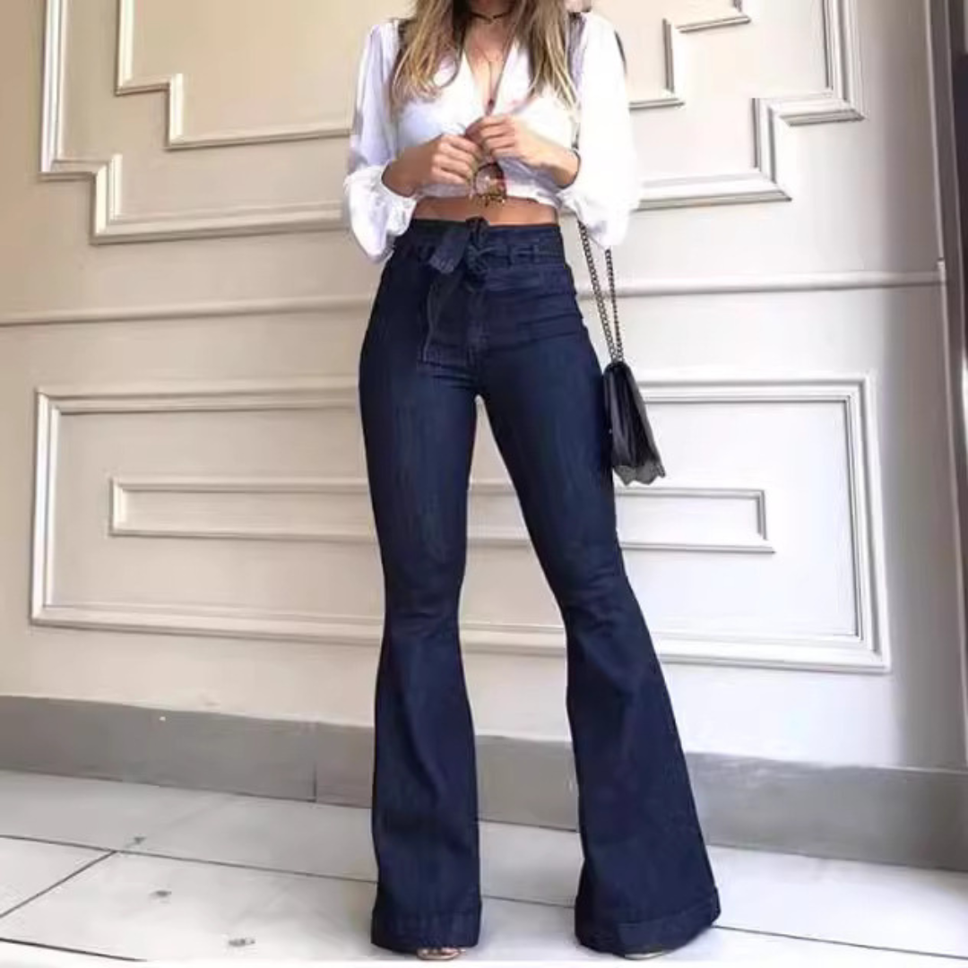 Women's Flare Jeans, High Waist Belted Cuffed Hem