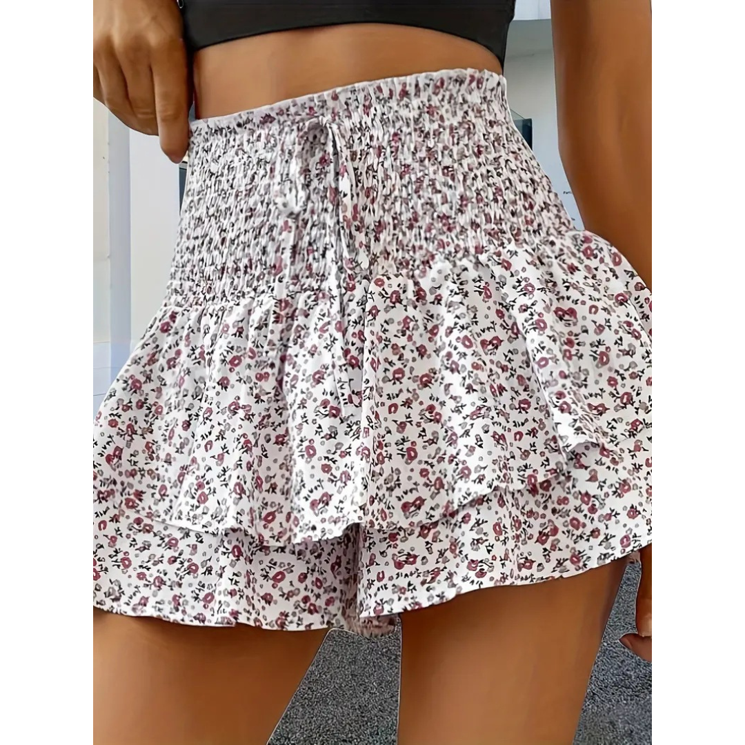 Women's Floral Mini Skirt, Smocked Waist Layered Ruffle Hem