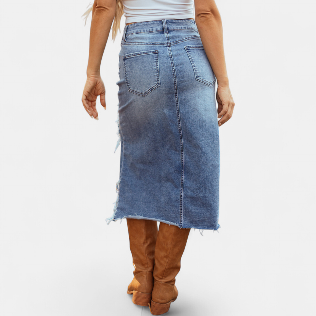 Women's Midi Skirt, Distressed Ripped Raw Frayed Hem