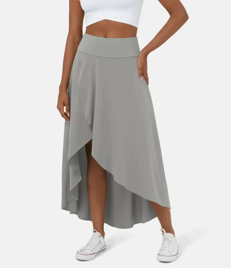 Women's Midi Skirt, Asymmetric High-Low Hem Wide Waistband
