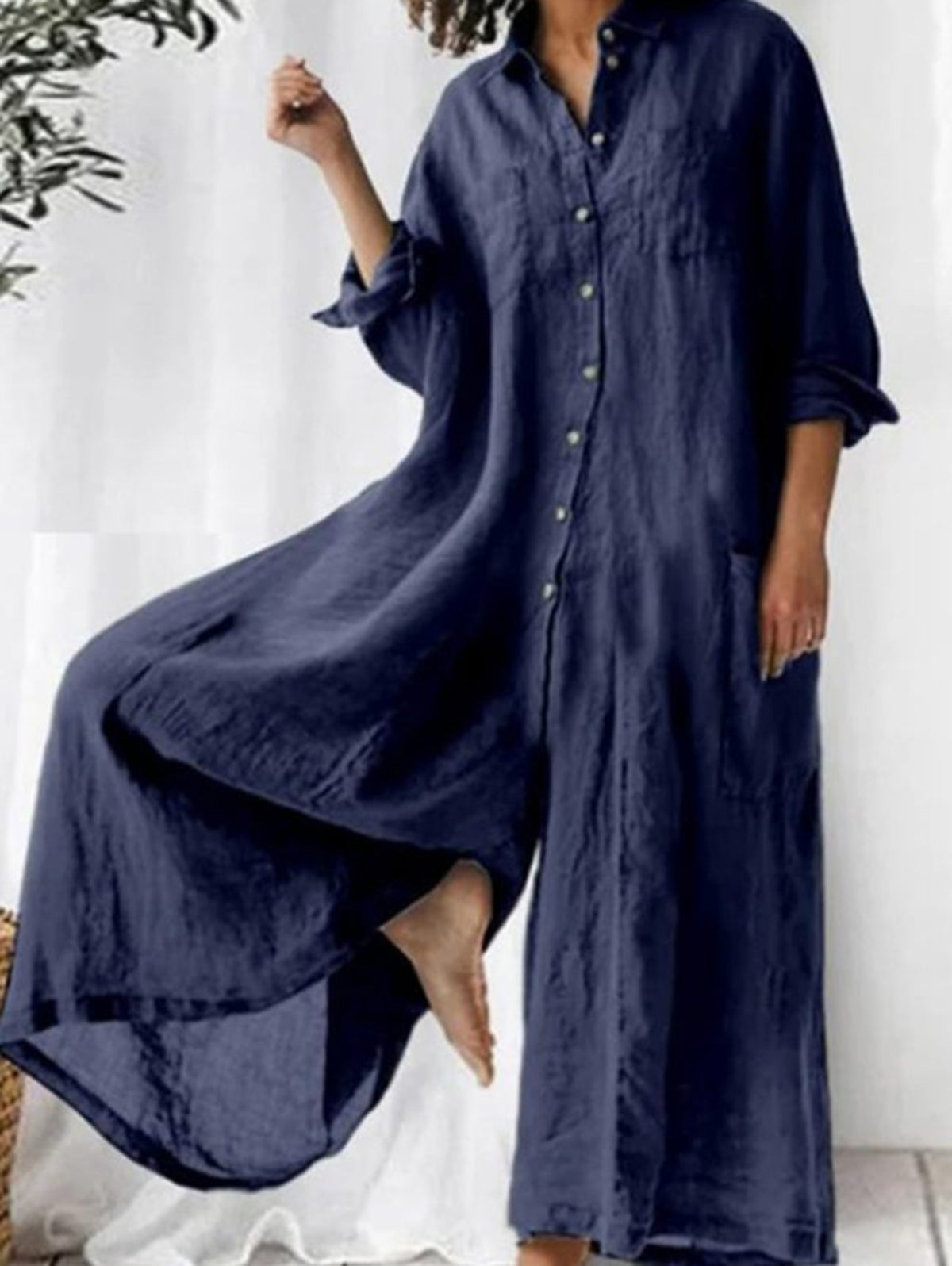 Women's Button Front Wide Leg Jumpsuit, Collared