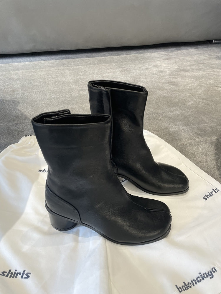 Women's Leather Combat Boots, Cuffed Mid-Calf Chunky Heel
