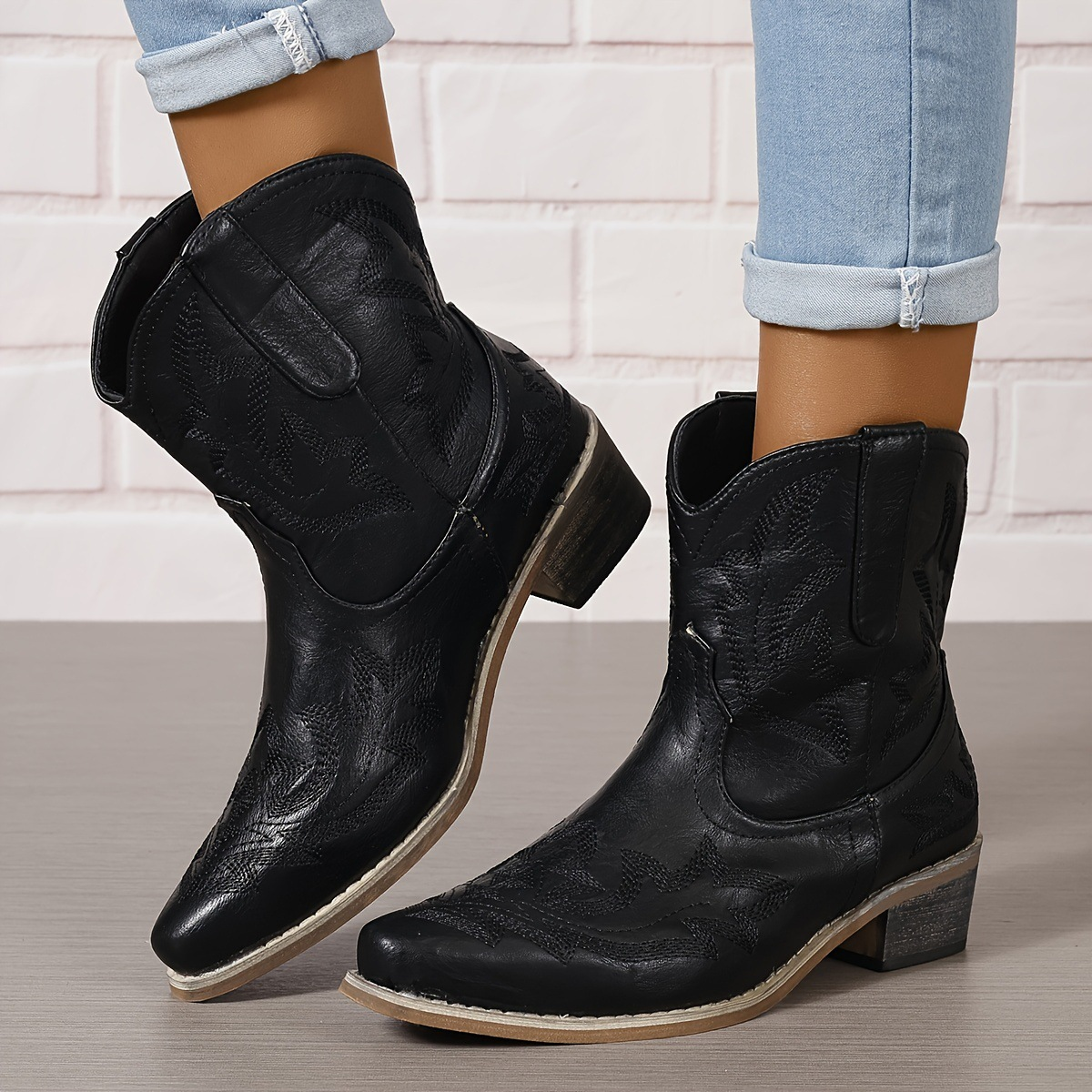 Women's Embroidered Western Ankle Boots, Low Block Heel