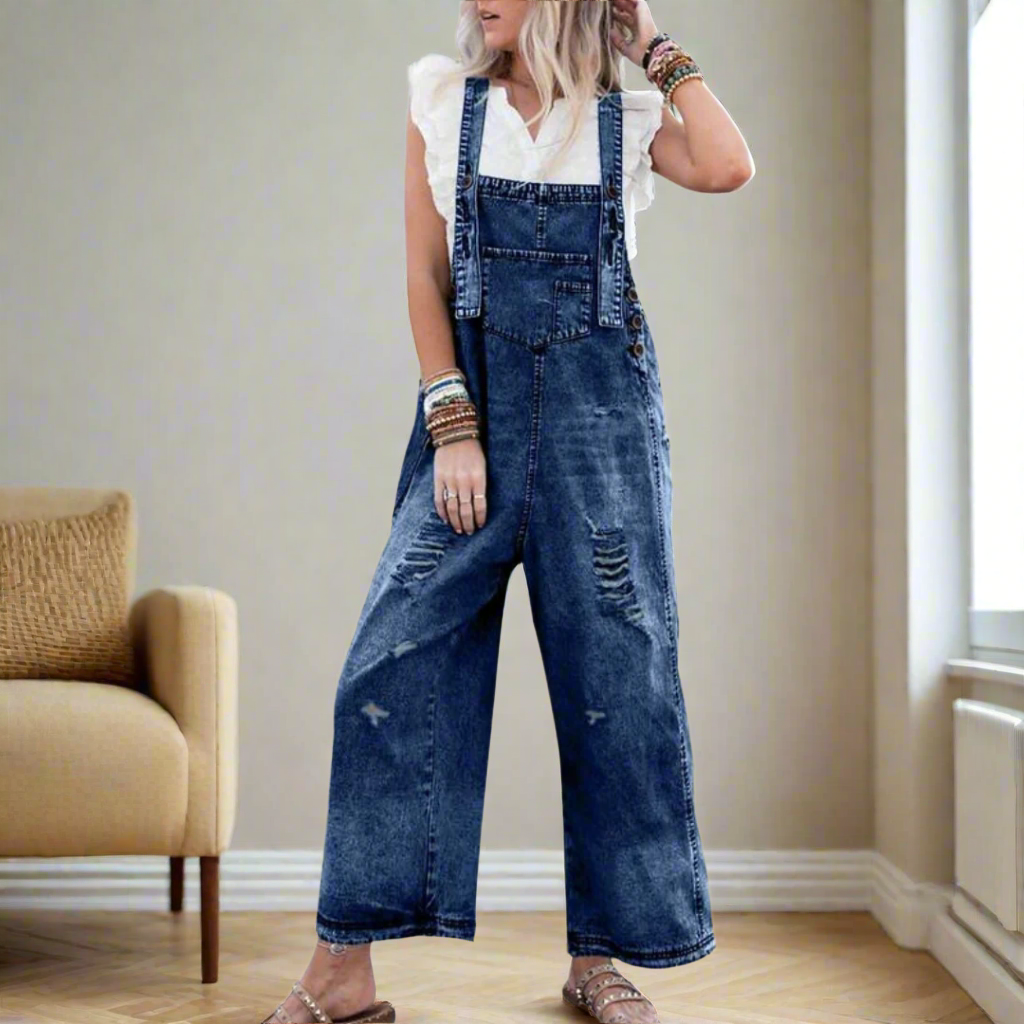 Women's Jumpsuit, Distressed Bib Front Wide Leg Overalls