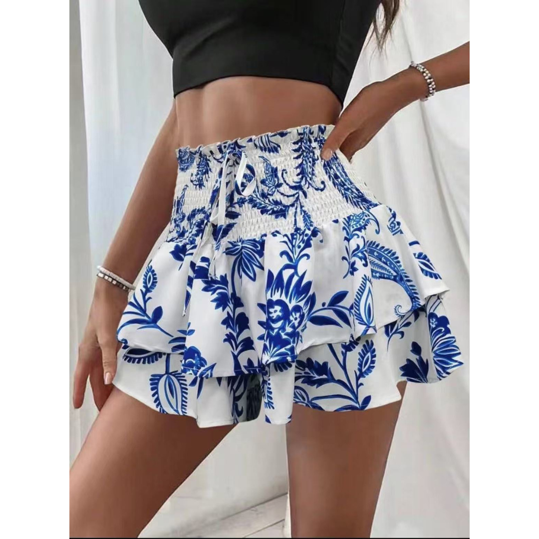 Women's Floral Mini Skirt, Smocked Waist Layered Ruffle Hem