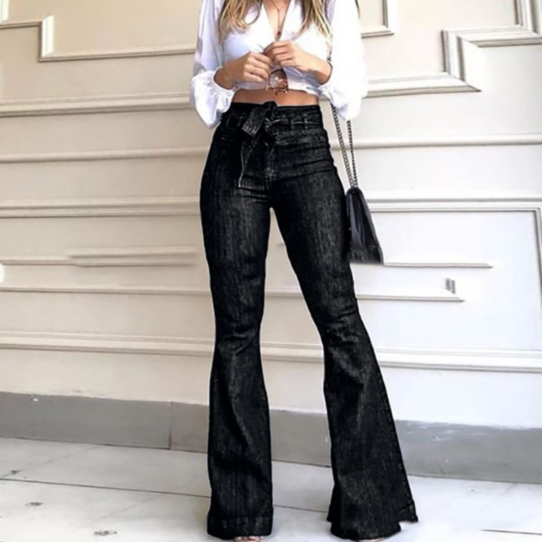 Women's Flare Jeans, High Waist Belted Cuffed Hem