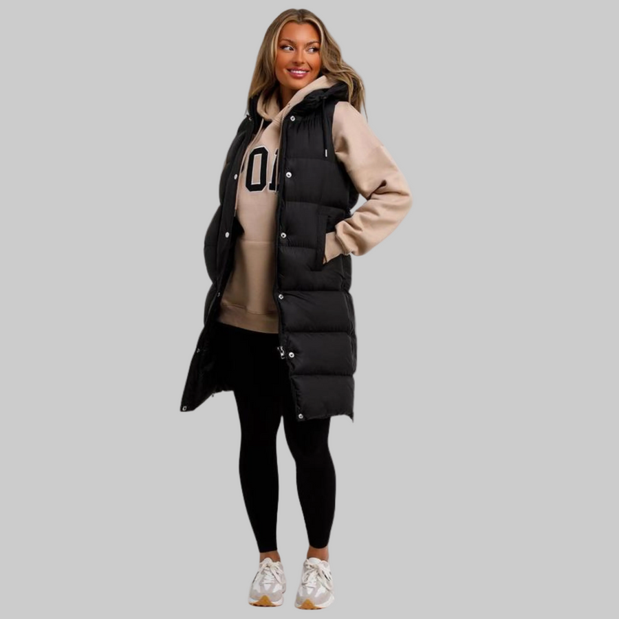Women's Sleeveless Puffer Jacket, Long Hooded Quilted Vest